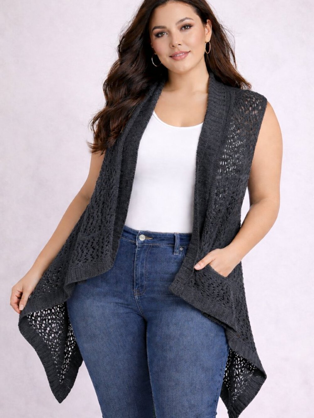 Lane Bryant Charcoal Gray Open-Knit Crochet Sweater Vest, High-low Hem - 14/16W